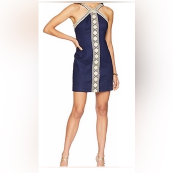 Lilly Pulitzer Dresses & Skirts - Lilly Pulitzer Vena True Navy Pique Halter Embroidered Shift Dress Size 6